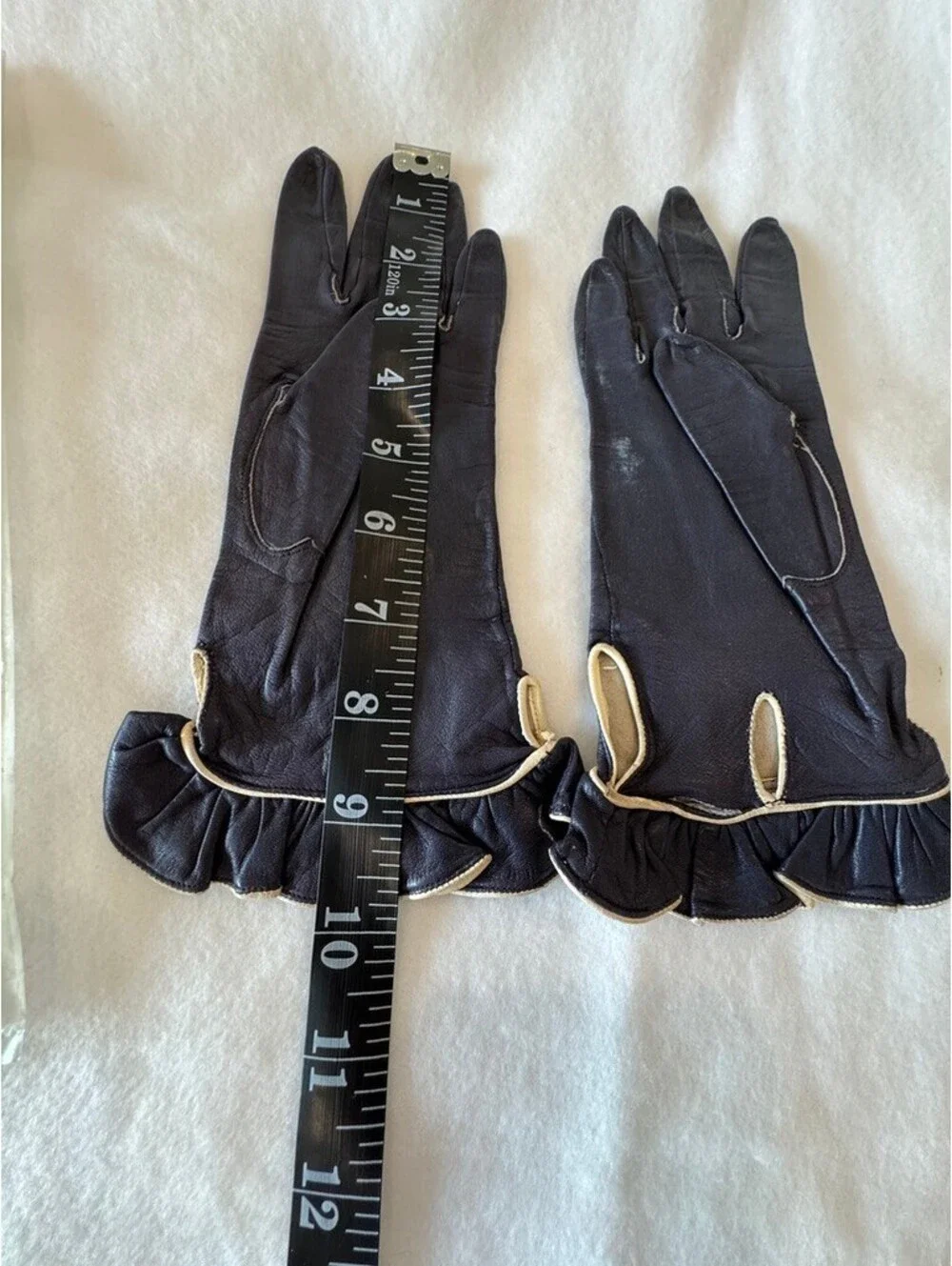 Vintage Black Leather Gloves with Ruffle Trim and Cream Piping, Size Approx. 6